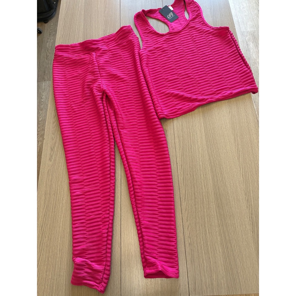 OFB Hot Pink Honeycomb Textured 2 Piece Activewear Set Scrunch Butt Leggings L/X